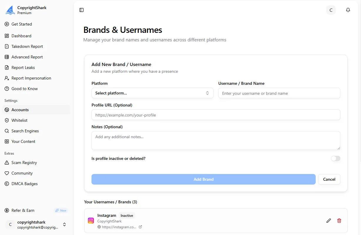 Brand Manager form for adding a new username in CopyrightShark