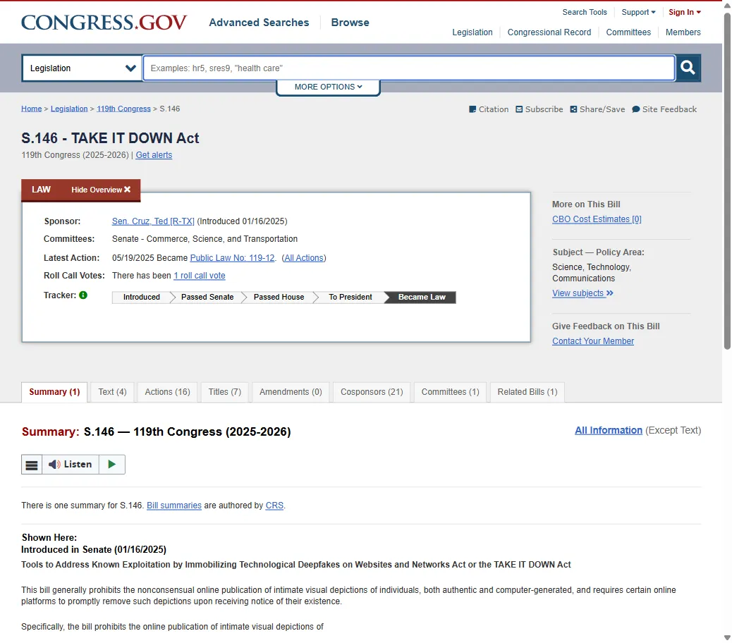 S.146 TAKE IT DOWN Act on Congress.gov showing the bill’s progression from introduction to becoming law