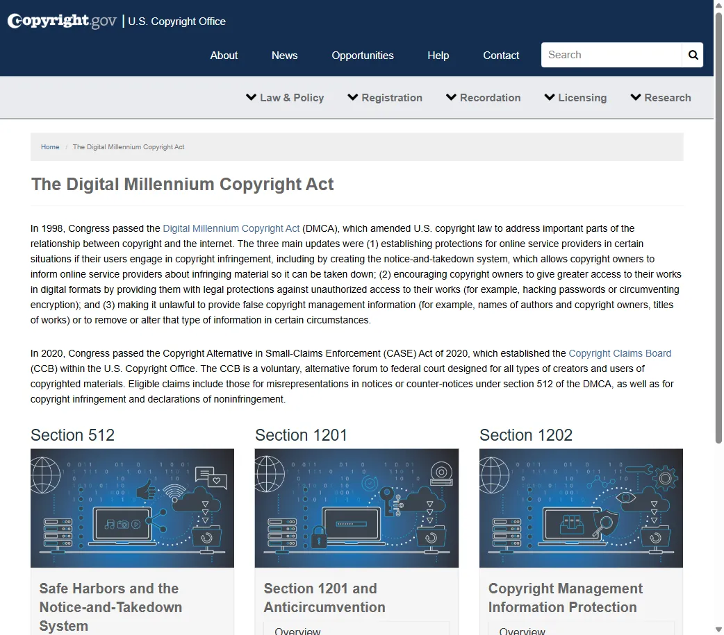 The U.S. Copyright Office DMCA page showing the three sections of the law