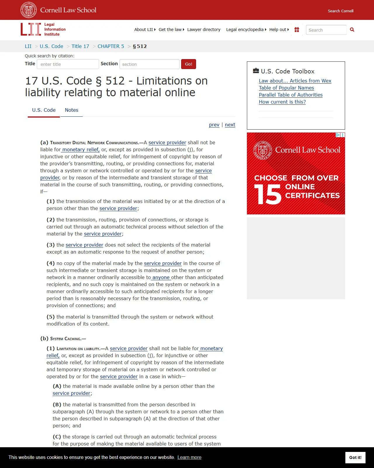 17 U.S.C. § 512 on Cornell Law’s Legal Information Institute showing the full text of the DMCA safe-harbor and takedown framework