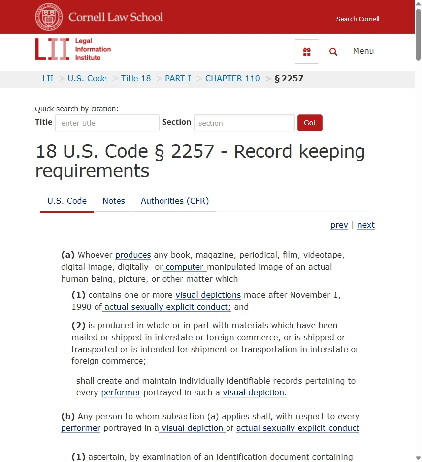 18 U.S. Code § 2257 Record Keeping Requirements on Cornell Law's Legal Information Institute