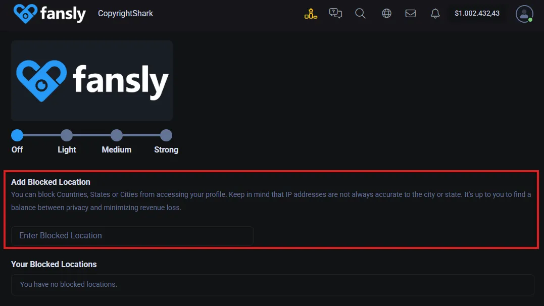 Fansly geoblocking settings to help prevent Fansly leaked content - Add Blocked Locations to restrict access by country, state, or city