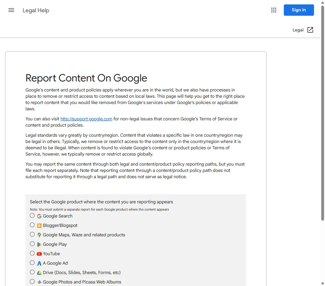 Google's Report Content page for legal removal requests