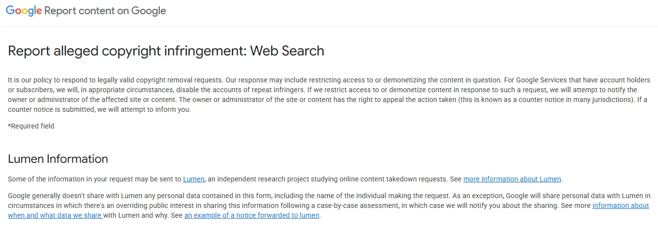 Google DMCA removal form for de-indexing leaked content from search results