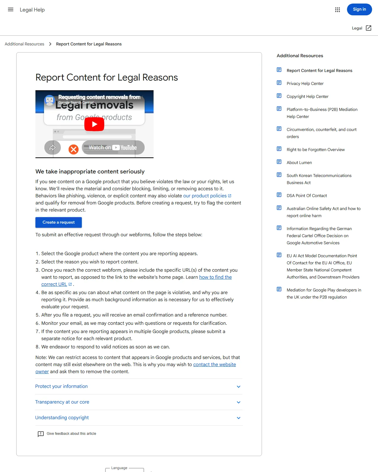 Google’s Report Content for Legal Reasons page, the entry point for DMCA copyright removal requests and other legal-removal flows