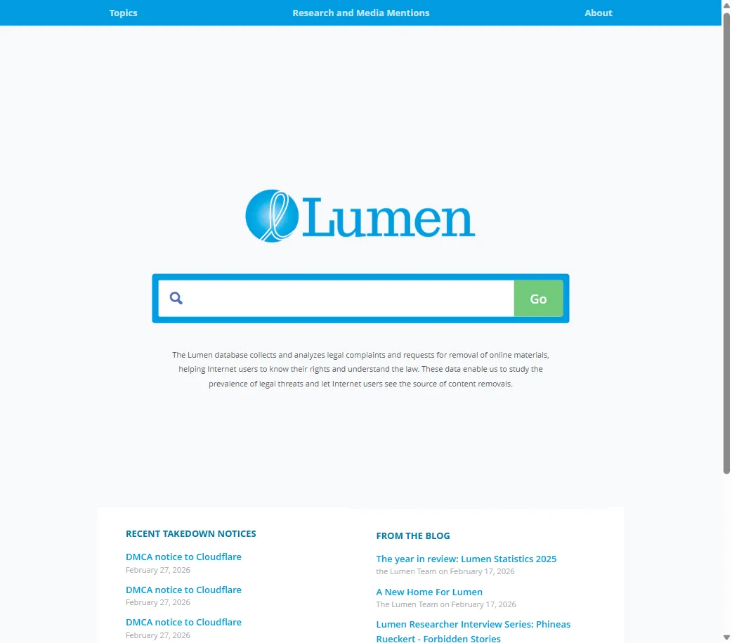 The Lumen Database homepage showing recent DMCA takedown notices and a search interface