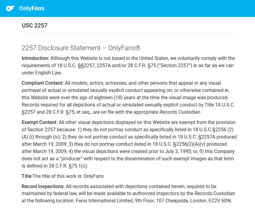OnlyFans USC 2257 Disclosure Statement showing Fenix International Limited as custodian of records at 107 Cheapside, London