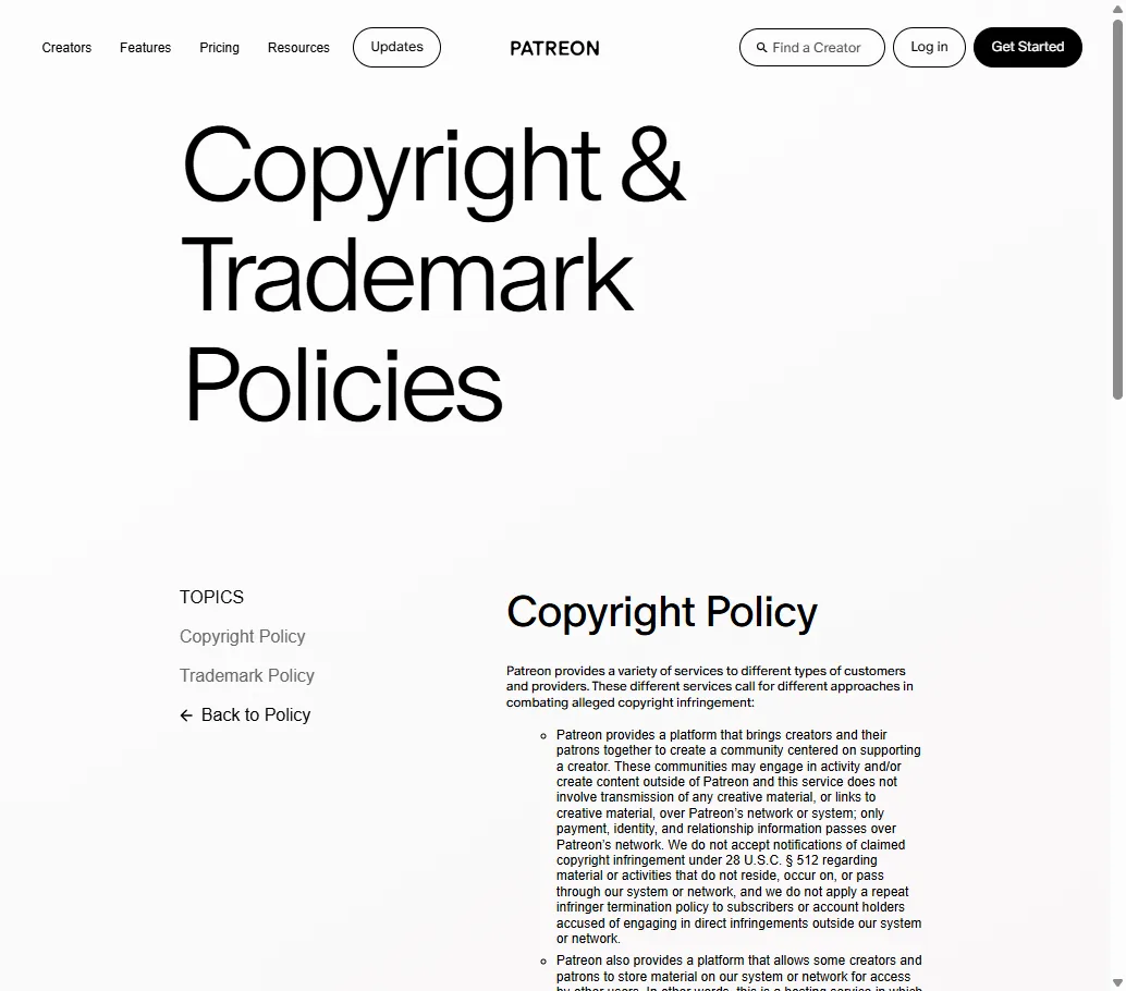 Patreon's Copyright and Trademark Policies page