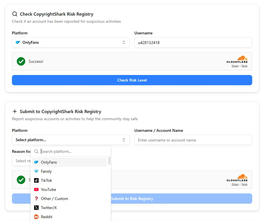CopyrightShark Risk Registry - community database for checking suspicious accounts