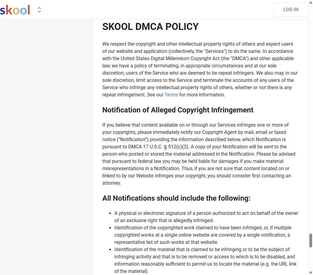 Skool DMCA Policy page showing notification requirements