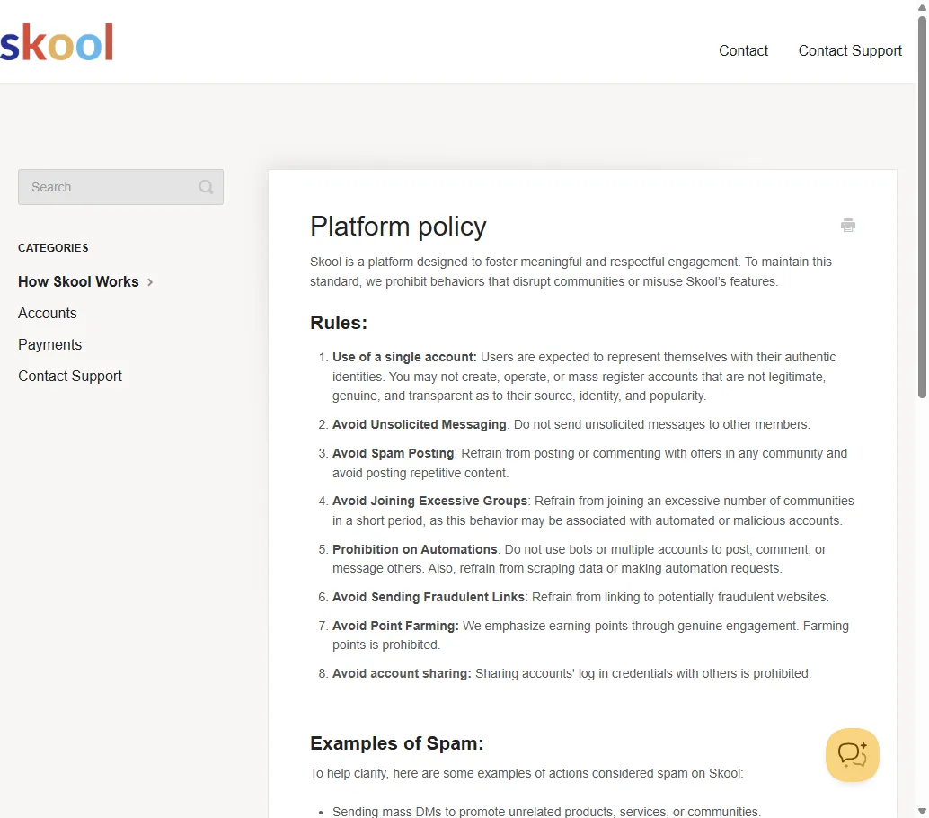 Skool Platform Policy - rules against scraping, bots, and account sharing