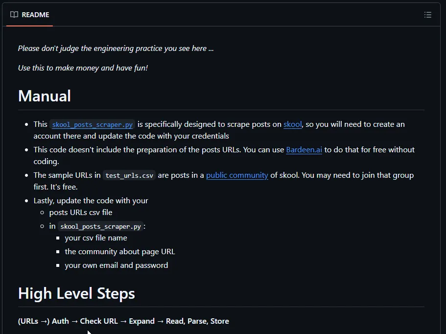 Skool scraper README - open-source tools exist to extract course content