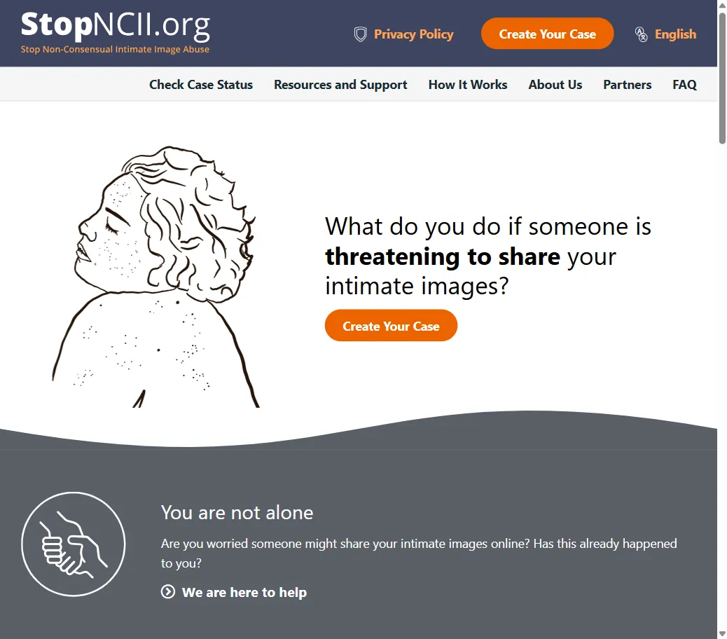 StopNCII.org homepage showing the case creation process for victims of nonconsensual intimate image abuse