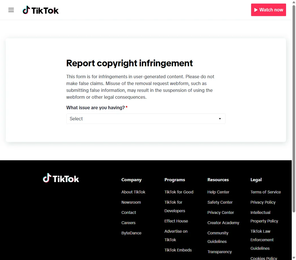 TikTok’s copyright report form showing the “Report copyright infringement” heading and issue selector