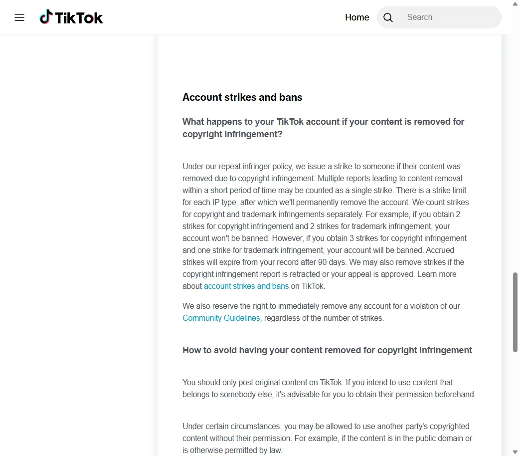 TikTok’s account strikes and bans policy showing the 3-strike system and 90-day expiry