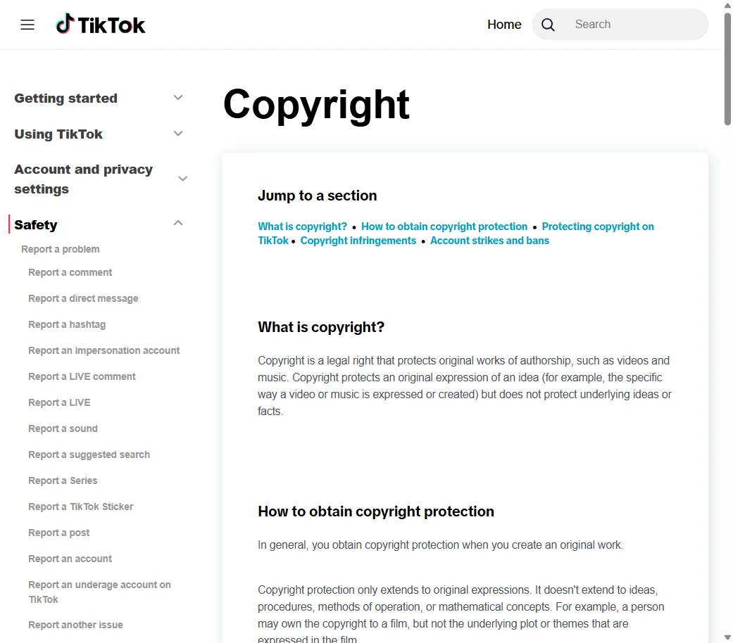 TikTok’s copyright support page explaining their reporting process and IP policy overview